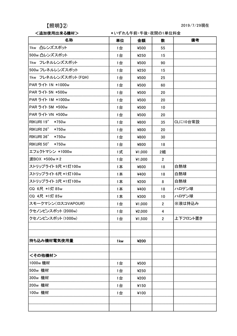 照明貸出料一覧